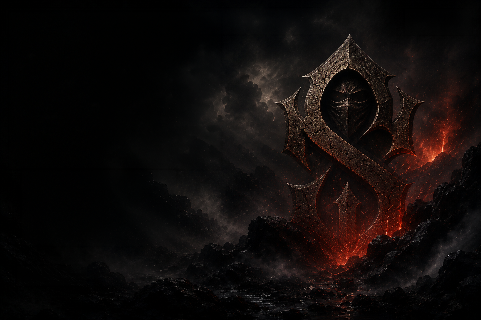 SCHURK emblem rising from a volcanic dark landscape